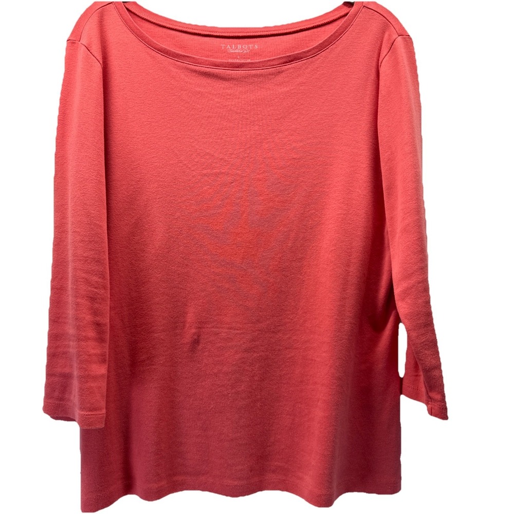 Talbots Women's Top Size Large Solid Coral Cotton 3/4 Sleeves Pullover Stretch